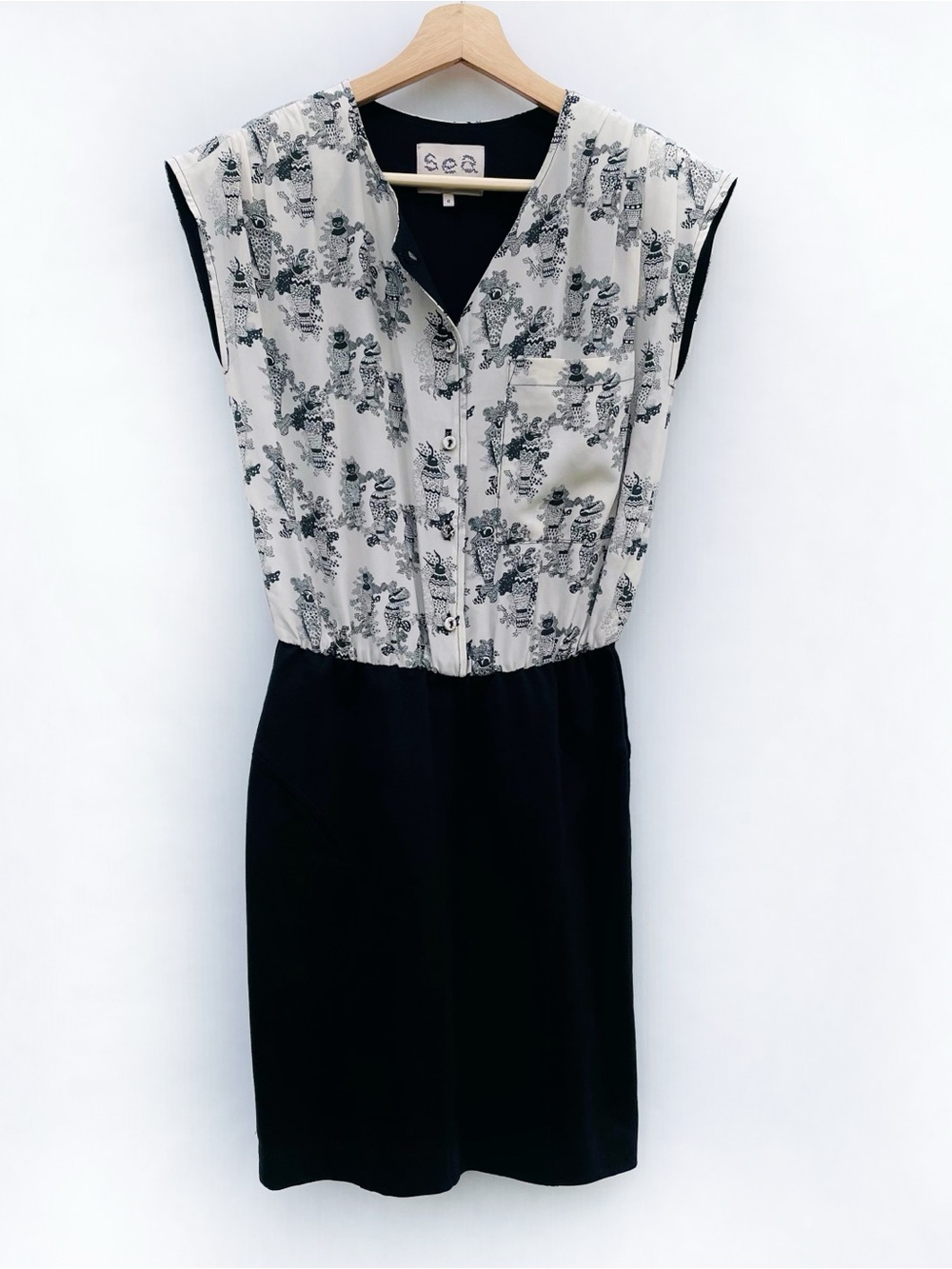 Sea New York Egyptian patterned  Black and Cream Floral Button-Front Midi Dress